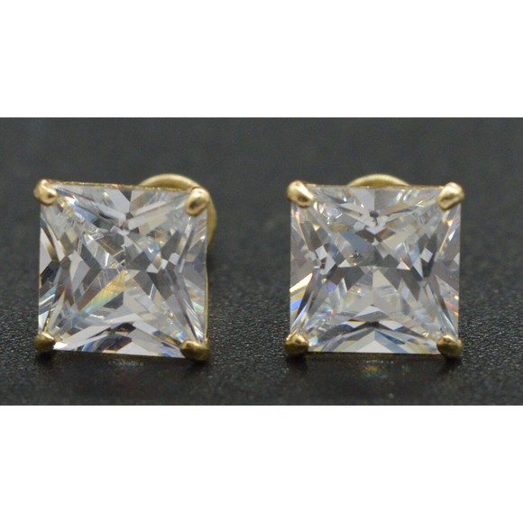 14k Solid Yellow Gold 2.00ct cz Princess-Cut Earrings ScrewBack Stud Earrings - Picture 1 of 4